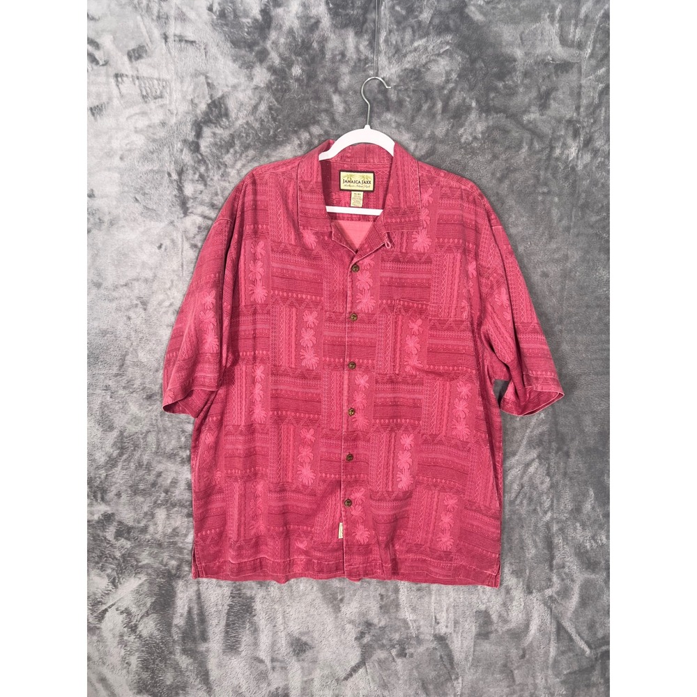 Jamaica Jaxx Mens XL Pink 100% Silk Jacquard Palm Tree Camp Shirt Pigment Dyed